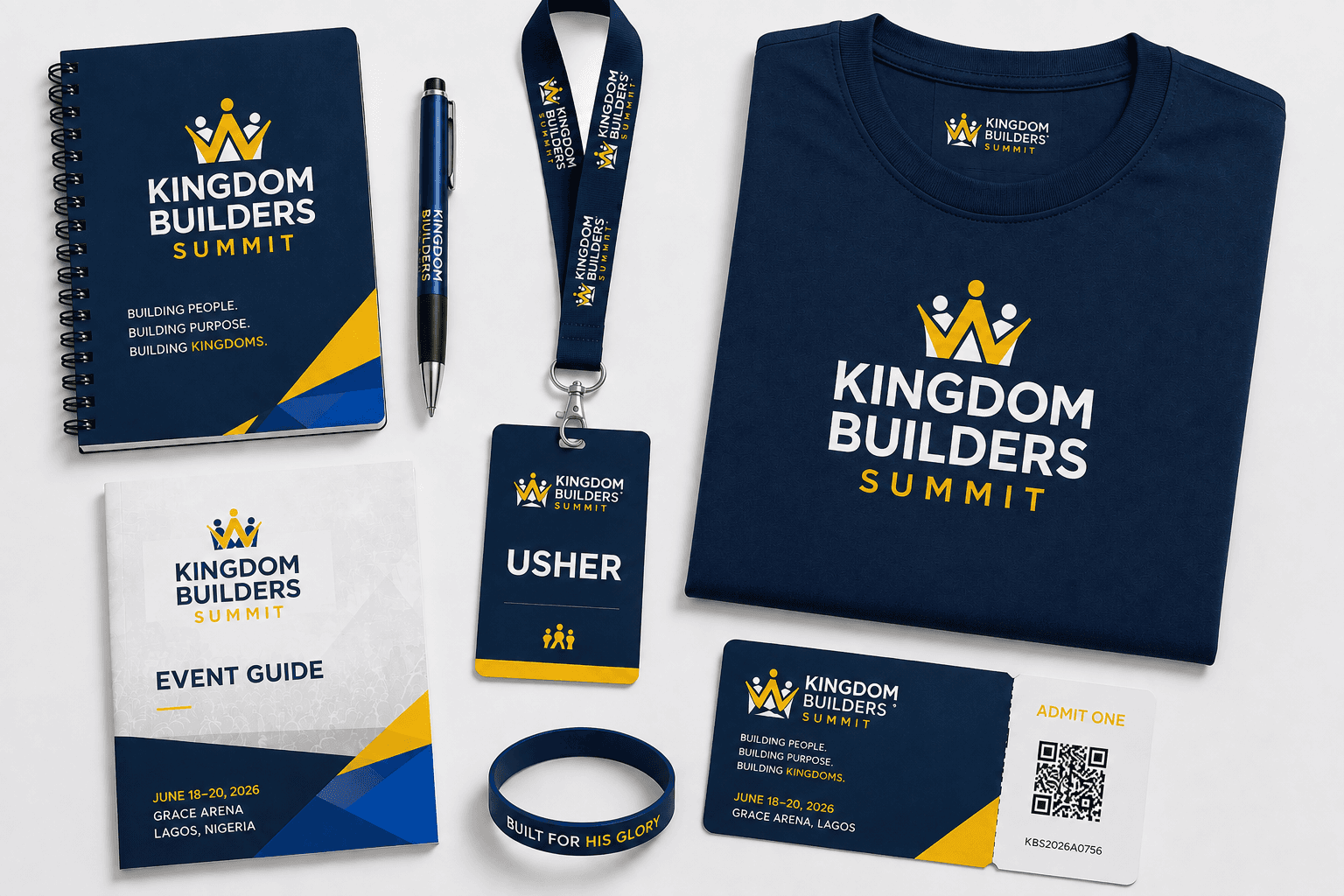 Sample event merchandise — notebooks, lanyards, ID cards, t-shirts and tickets